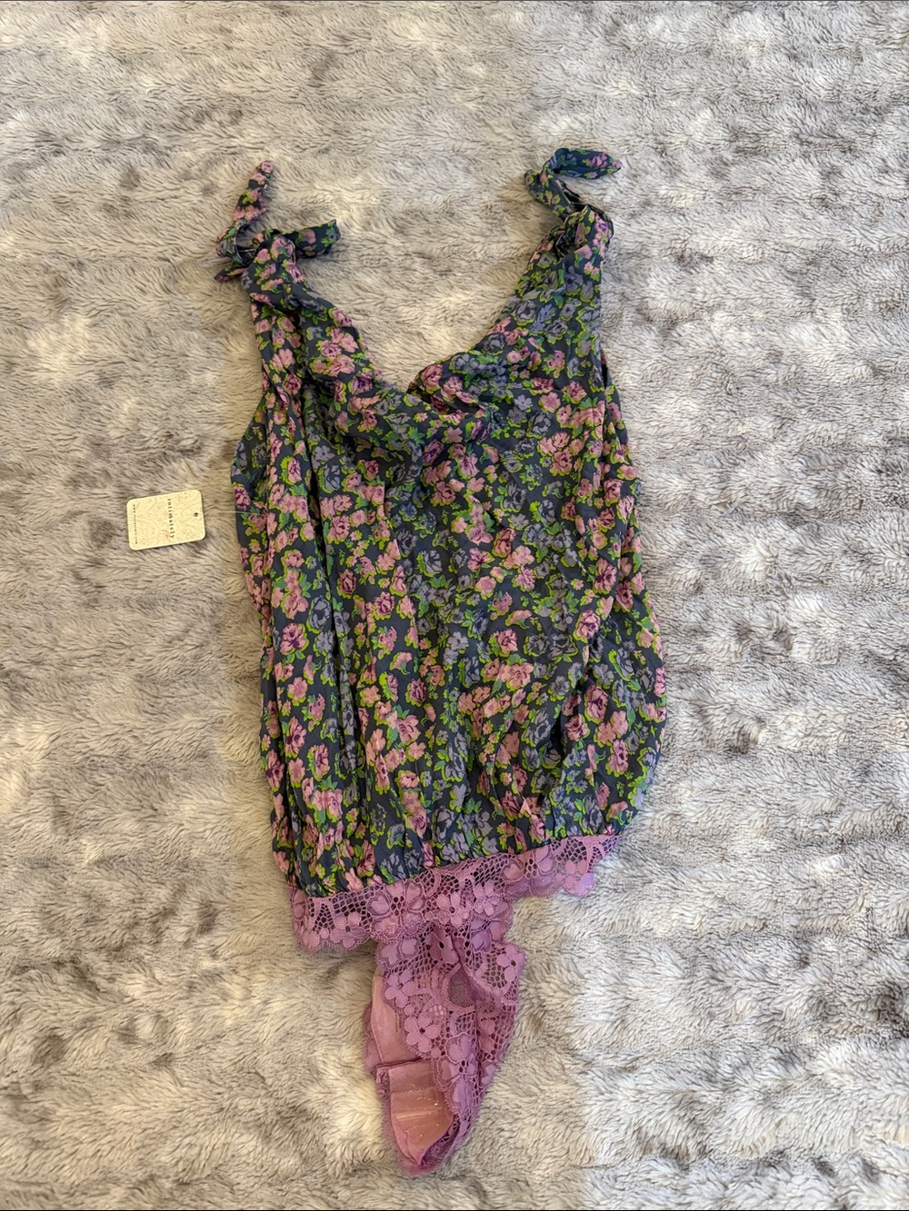 NWT free people Floral Lace Trim Ruffled thong cami bodysuit/ purple & Green XS